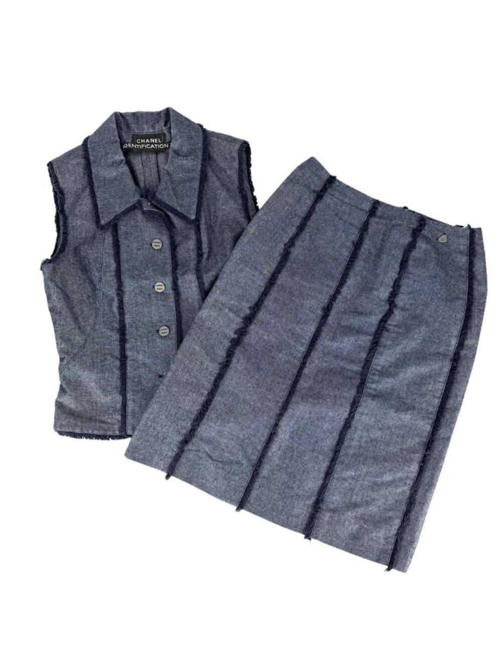 Chanel Set Vest Skirt Vintage Navy Gunmetal Cotton Polyester Autumn Winter